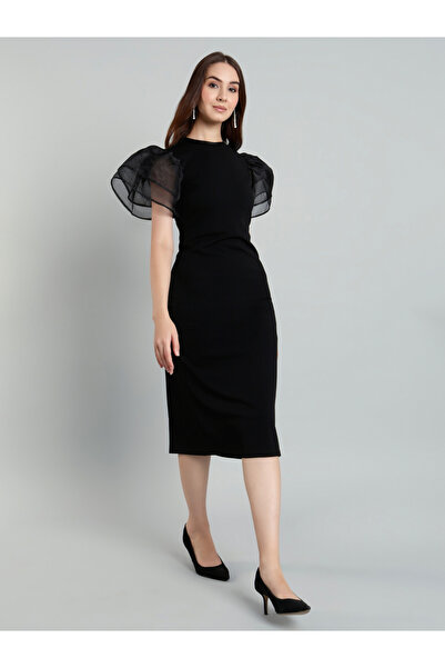 Mish By Styli Black Sheath Midi Dress with Flutter Sleeves