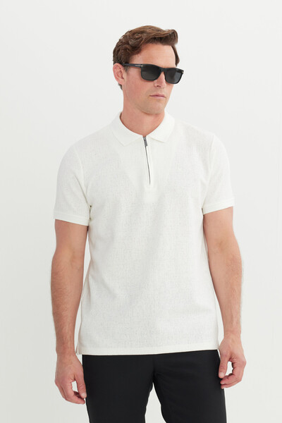 ALTINYILDIZ CLASSICS Men's Ecru Cotton Slim Fit Slim Fit Jacquard Polo Neck Flexible T-Shirt