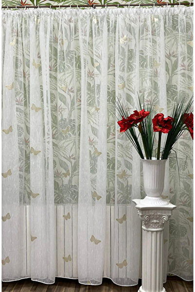 Liz Line Embroidered curtain, white/cappuccino color, with drapery, from the "Papillon" collection PD04110