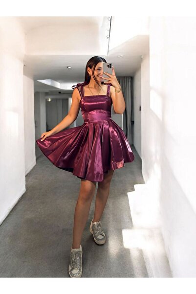 OLA Candy Kısa Hologram Saten Bordo Abiye Elbise