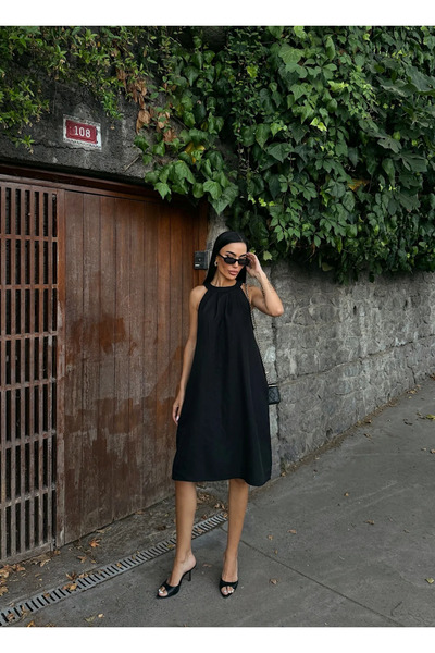 Genel Markalar Yeni Sezon Kadın Halter Yaka Dokuma Midi Elbise