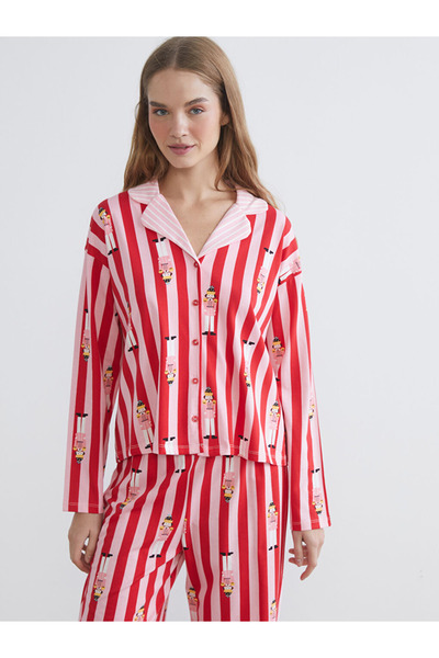 LC Waikiki Young Pink Shirt Collar New Year Themed Women's Pajama Set