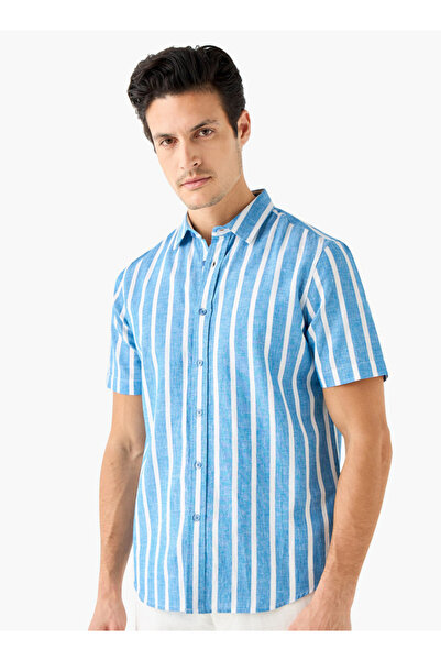 FAV قميص مخطط من مزيج الكتان بأكمام قصيرة