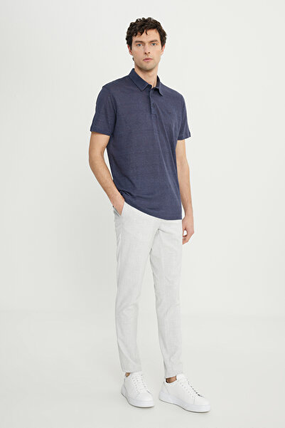 ALTINYILDIZ CLASSICS Men's Navy Blue 100% Linen Slim Fit Slim Fit Polo Neck T-Shirt
