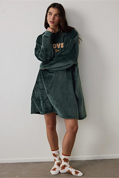 Penti Dark Green Love Fluffy Embroidered Slogan Hooded Dressing Gown