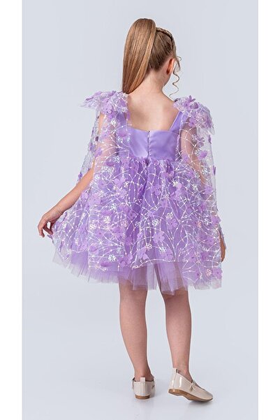Mnk Baby&Kids Floral Brode Pattern İmeros Girl Evening Dress M00736 Lila