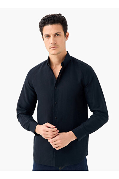 FAV قميص من مزيج الكتان بأكمام طويلة وأزرار للإغلاق