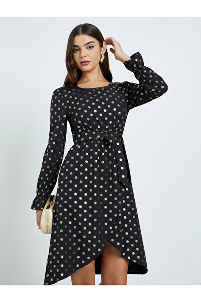 Take Two By Styli Black Polka Dot Knee-Length Dress