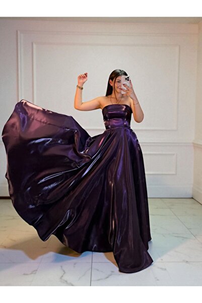 OLA Stella Hologram Saten Straplez Mor Renk Abiye Elbise