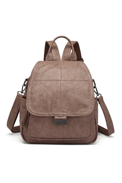Hüvendo Barcelona Multi-Pocket Cover Detailed Casual Medium Size Women's Backpack Light Mink