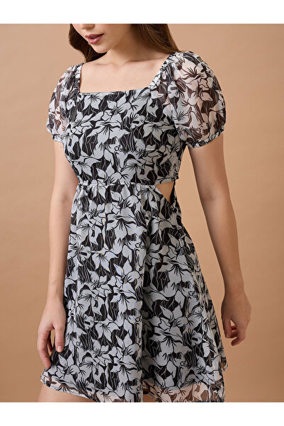 Globus By Styli Black Floral Printed Square Neck Mini Dress