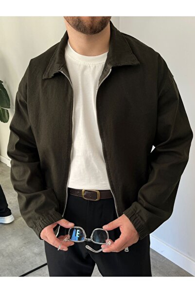 freemen Men's Basic Gabardine Fabric Zippered Oversized Transitional Polo Collar Khaki Jacket