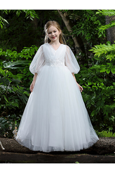 Take Two By Styli White Mesh Lace Detail Balloon Sleeve Dress