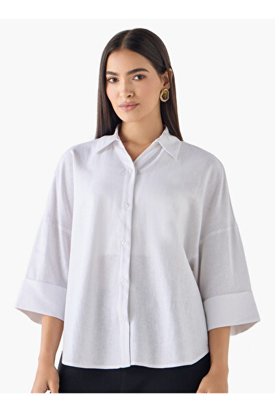 FAV Linen Blend Drop Shoulder Shirt with 3/4 Sleeves