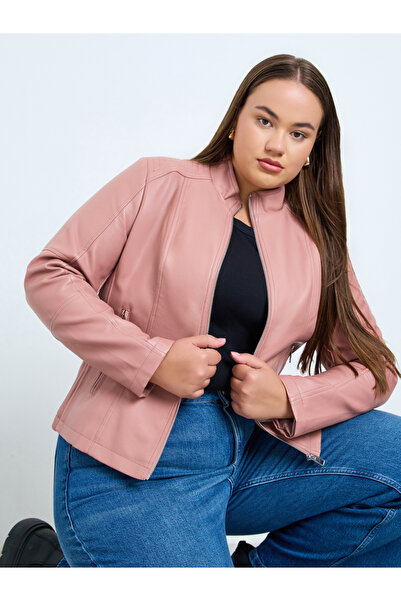 Take Two By Styli Plus Size Pink Faux Leather Zip-Up Jacket