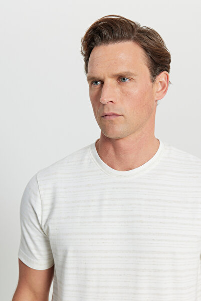 ALTINYILDIZ CLASSICS Men's Ecru Cotton Slim Fit Slim Fit Crew Neck Stretch T-Shirt