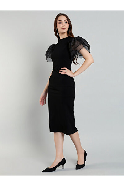 Mish By Styli Black Sheath Midi Dress with Flutter Sleeves