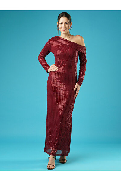 Globus By Styli Maroon Sequined One Shoulder Sheath Maxi Dress