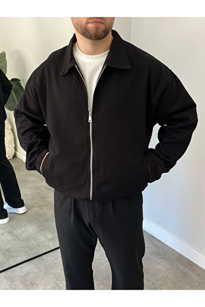 freemen Men's Basic Gabardine Fabric Zippered Oversized Transitional Polo Collar Black Jacket