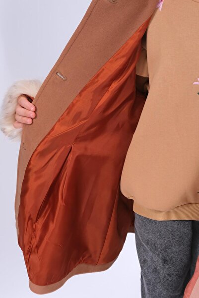 Perendi Παλτό για κορίτσια με λεπτομέρεια από γούνα με κουκούλα με ζώνη – Καφέ