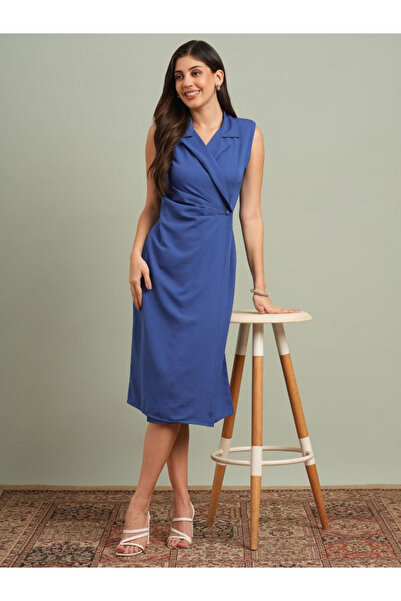 Globus By Styli Blue Notch Lapel Blazer Midi Dress