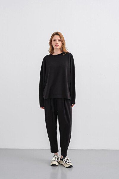 Basicpark Black Women's Soft Textured Premium Modal Fabric Top and Bottom Set