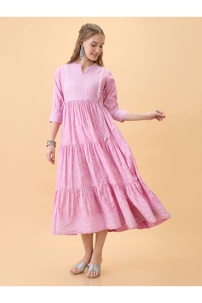 Globus By Styli فستان ميدي متعدد الطبقات بطبعة زهور وردية