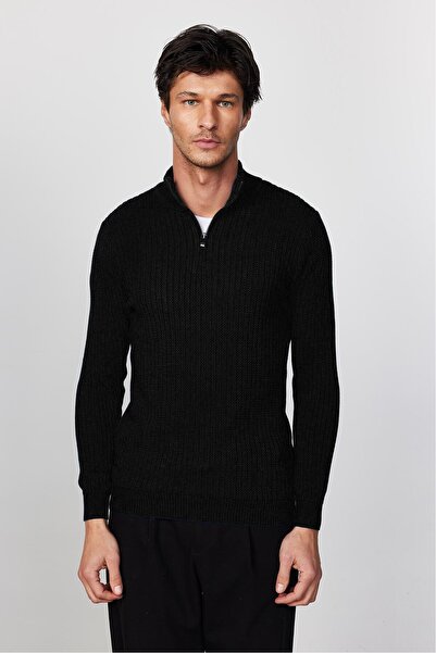 Tudors Ανδρικό πουλόβερ με εφαρμοστό φερμουάρ, μαύρο πουλόβερ ψηλός λαιμός