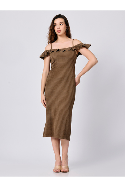 Outzidr By Styli Olive Midi Textured Dress with Ruffle Detail