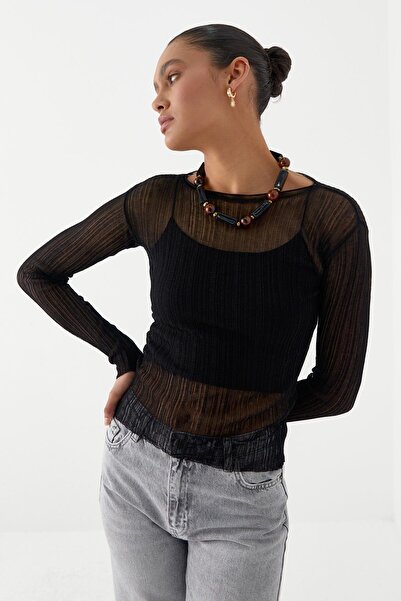 MARKALİSTE Ημιδιαφανές μακρυμάνικο μπλουζάκι κοτλέ μαύρο