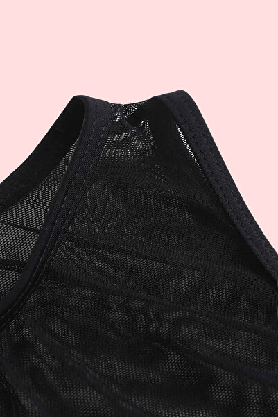 KILIÇ LİNGERİE Siyah File Detaylı Bikini Üstü Kapama Plaj Elbisesi