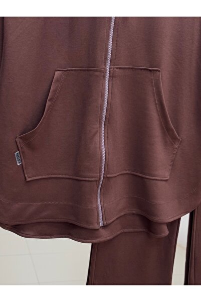MİHRA STORE Hande Kangaroo Pocket Zippered Pants Set-Mf1746 Brown
