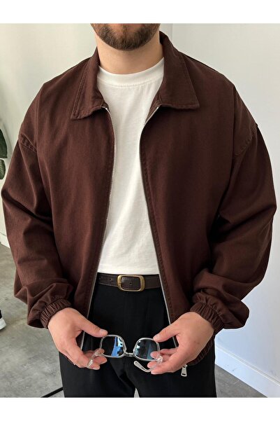 freemen Men's Basic Gabardine Fabric Zippered Oversized Transitional Polo Collar Tile Jacket