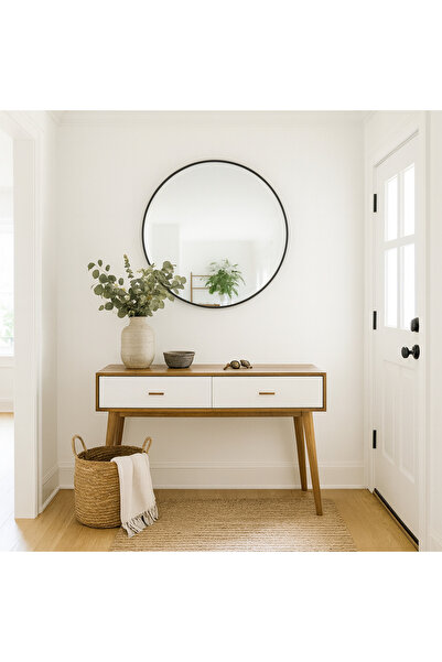 Ebticar Round Wooden Frame Mirror – 90×90 (Black)