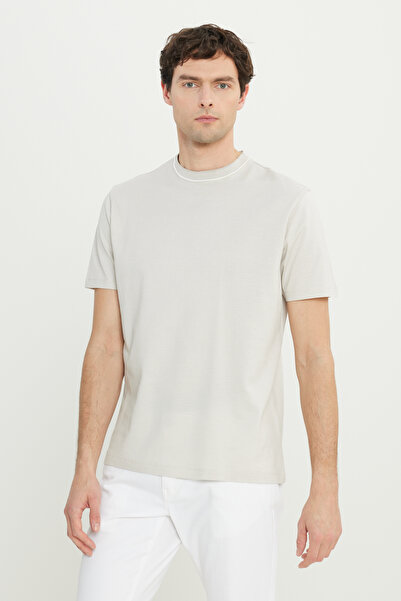 ALTINYILDIZ CLASSICS Ανδρικό μπλουζάκι μπεζ 100% βαμβάκι εφαρμοστό με λαιμόκοψη Jacquard