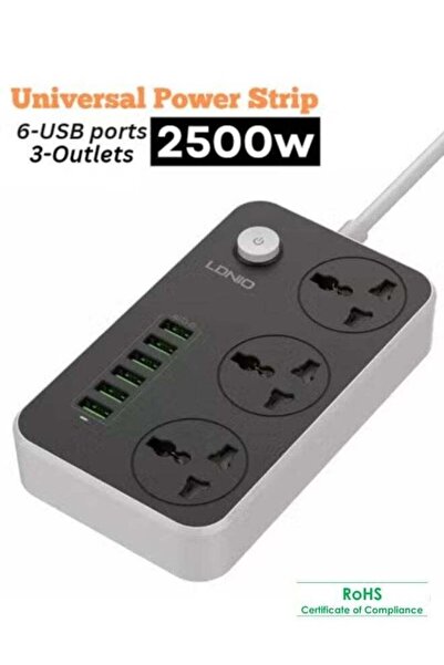 LDNIO Universal 3 Power Socket with 6 USB Extension – 2m Power Strip Charging Station