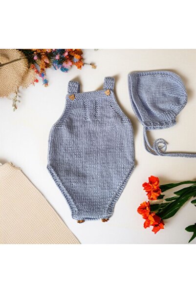 The Cloudish Shop Baby Hand-Knitted Romper Hat Set Blue 0-9 Months