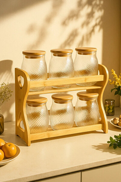 Urbanza 6 Swirl Glass Jars with Bamboo Lids & Wooden Rack – Kitchen Spice Storage Organizer Set