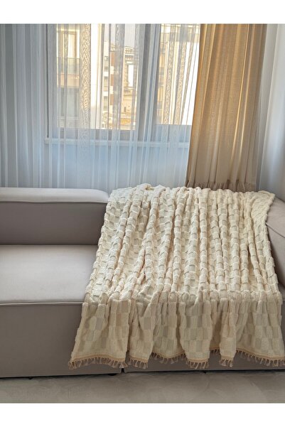 Heriya Plush Tasseled Ecru Geometric Pattern Sofa Cover 170X220 cm