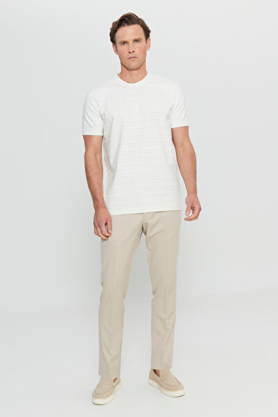 ALTINYILDIZ CLASSICS Men's Ecru Cotton Slim Fit Slim Fit Crew Neck Stretch T-Shirt