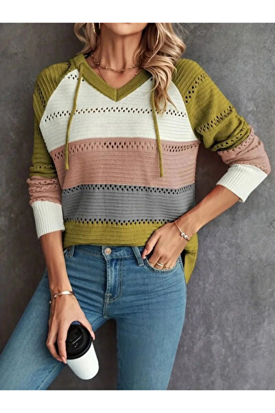 KentselBazaar Bluză de tricotat cu glugă, cu mânecă lungă, cu decolteu în V, cu șireturi