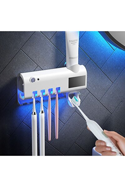 Universal Suport pentru 4 periute de dinti, cu dezinfectie UV, senzor infrarosu, panou solar, cu dozator pasta