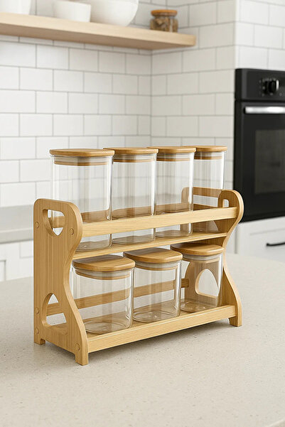Urbanza 7 Clear Glass Jars with Bamboo Lids & Wooden Rack – Kitchen Spice Storage Organizer Set