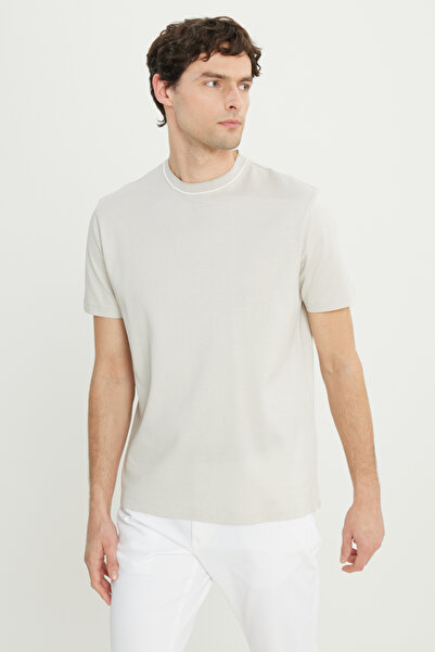 ALTINYILDIZ CLASSICS Ανδρικό μπλουζάκι μπεζ 100% βαμβάκι εφαρμοστό με λαιμόκοψη Jacquard