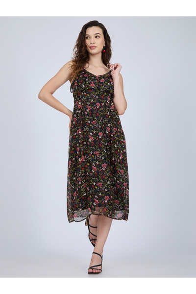 Outzidr By Styli Black Floral Ruffle Midi Dress
