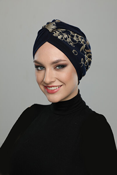 elysianfidan Special Design Navy Blue with Beige Embroidery Oval Patterned Lined Ready-To-Wear Turban Hijab Evening Dress Bonnet