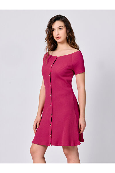 Outzidr By Styli Pink Off Shoulder Button Down Ribbed Dress