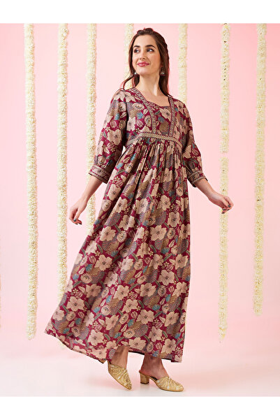 Globus By Styli Gold Foil Floral Print Gathered Fusion Maxi Dress