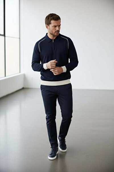 Sarar Πλεκτό πουλόβερ με φερμουάρ και γιακά πόλο σε μπλε ναυτικό χρώμα