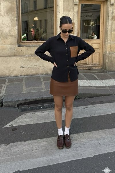 oshebu Cămașă de damă din poplin, cu detaliu buzunar din piele